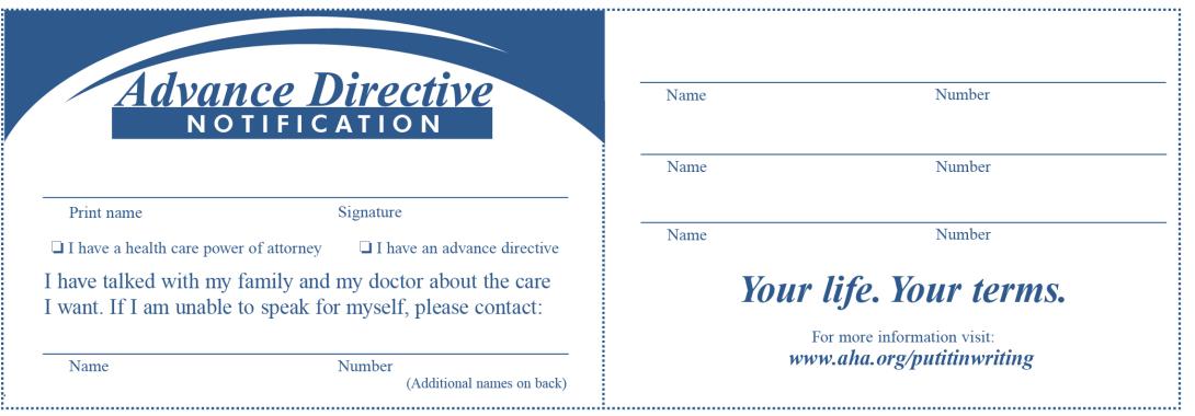 advanced directive for health care wallet card